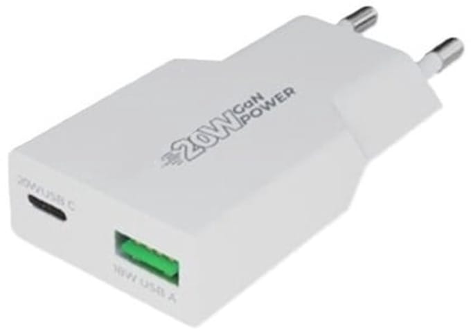 OneOne 20W snellader met 2 poorten. USB C en USB A. Platte GAN Quick Charge lader. PD PPS oplader adapter past op Apple iPhone 13 Mini, iPhone 13 Pro, iPhone 13 Pro Max, iPhone 14, iPhone 14 Plus, iPhone 14 Pro, iPhone 14 Pro Max