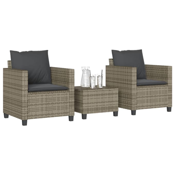 vidaXL - 3-delige - Bistroset - met - kussens - poly - rattan - grijs