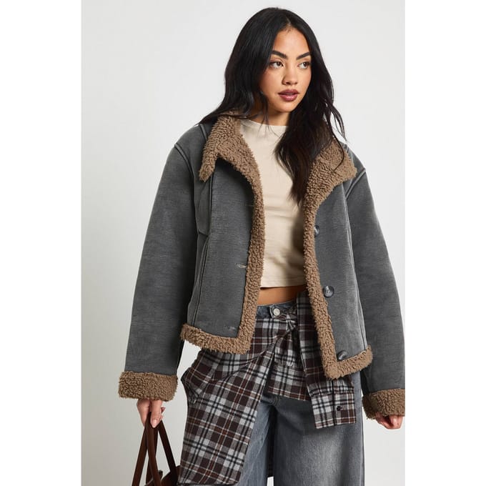 boohoo Dames Fur Detail Suede High Neck Aviator Jacket | Grey | Maat: 16