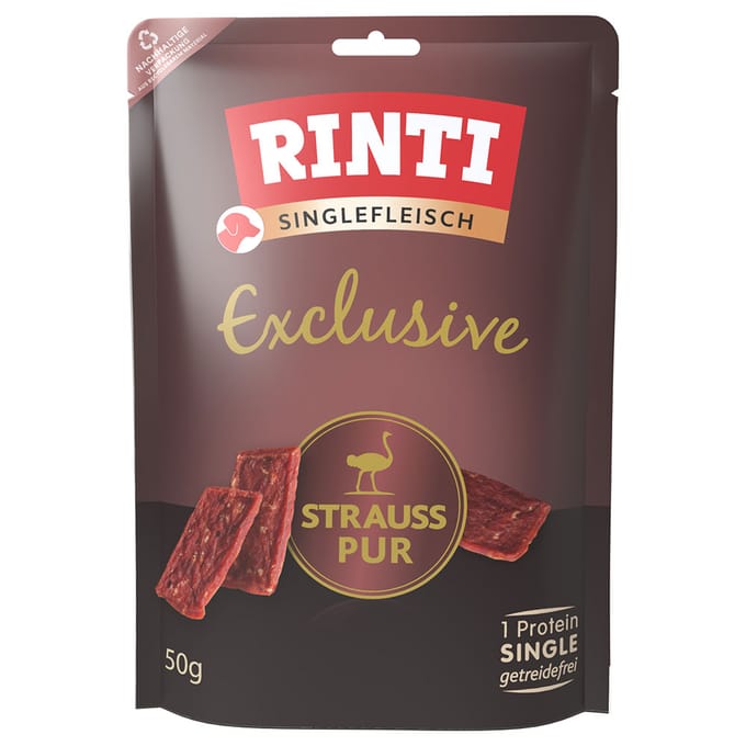 RINTI Singlevlees Exclusive Snack 50 g - Voordeelpakket: 3 x 50 g Struisvogel Puur