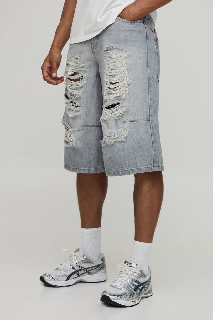 Geborduurd Gescheurde Lange Jorts | Light Grey | Size 28R