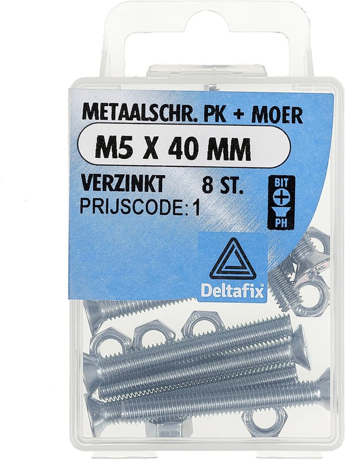 Deltafix metaalschroef platkop + moer verzinkt m5 x 20 mm din 965 /din 934 12 st.