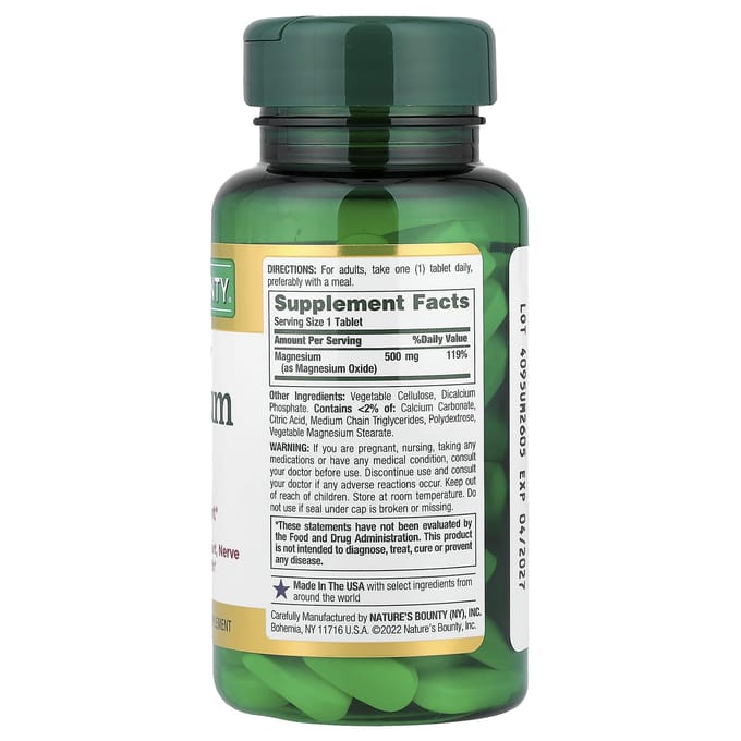 Nature's Bounty, Magnesium, Hoge Potentie, 500 mg, Gecoate Tabletten, 100 Tabletten