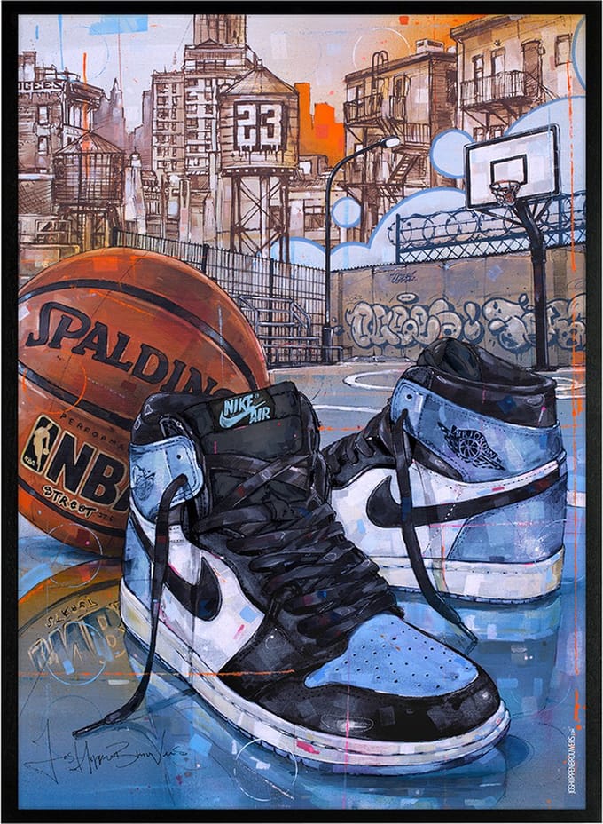 Sneaker print basketball UNC Toe 51x71 cm *ingelijst & gesigneerd