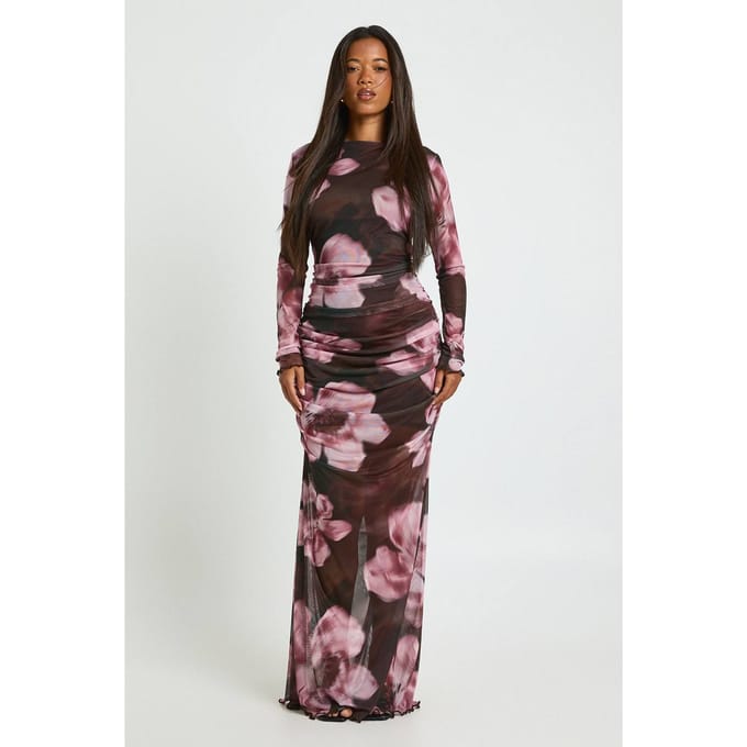 boohoo Dames Gebloemde Geplooide Mesh Maxi Jurk | Chocoladebruin | Maat: 40