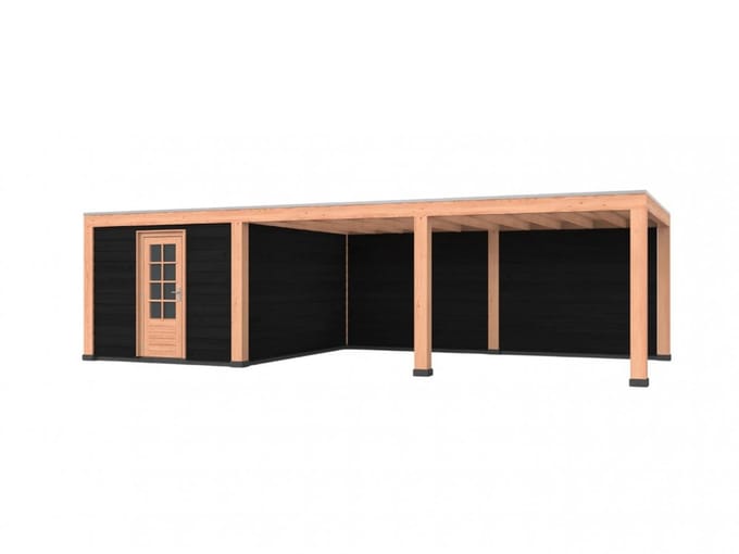 Douglas overkapping, 900 x 400, met achterwand en schuur, Westwood Modern Basic zwart