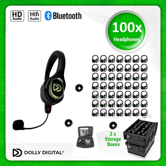 Dolly Digital® RD-Pro 100 Draadloze Koptelefoons voor groepen + Headmounted Microfoon – 100 HiFi Koptelefoons + Microfoon + Bluetooth + HiFi