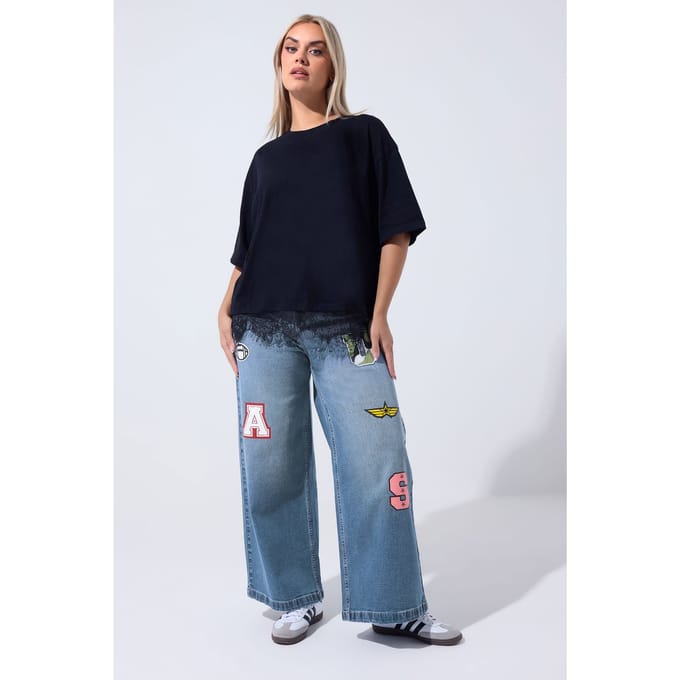 Limited Collection Blauwe Jeans Met Badge En Wijde Pijpen Size 44