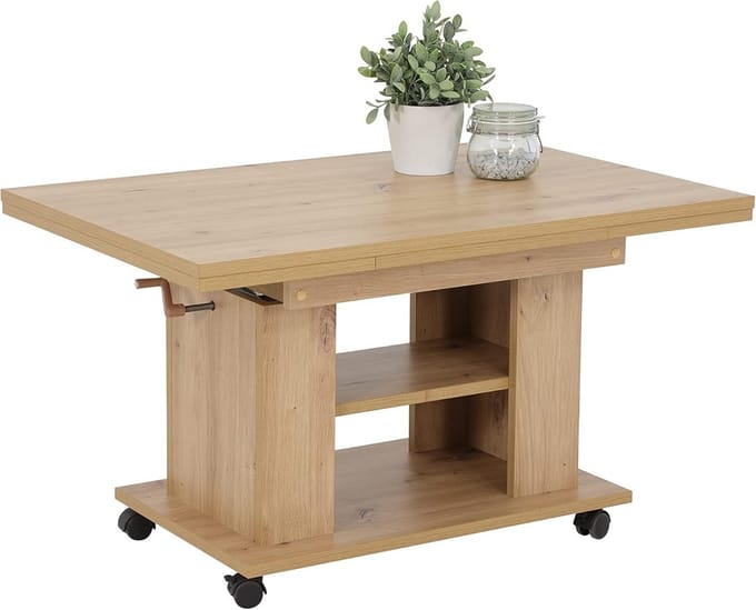 Functionele Salontafel Houten Look Hoogte en Breedte Verstelbaar met Wielen