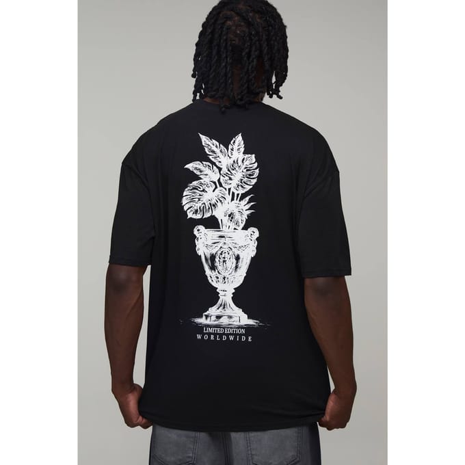 Lang Zwart Oversized T-shirt Met Palmboom Ruggengraat Print | Black | Size Small