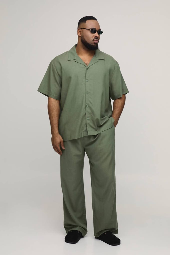 Plus Vakantie Linnen Blend Oversized Shirt & Ontspannen Broek Set | Olive | Size 2XL