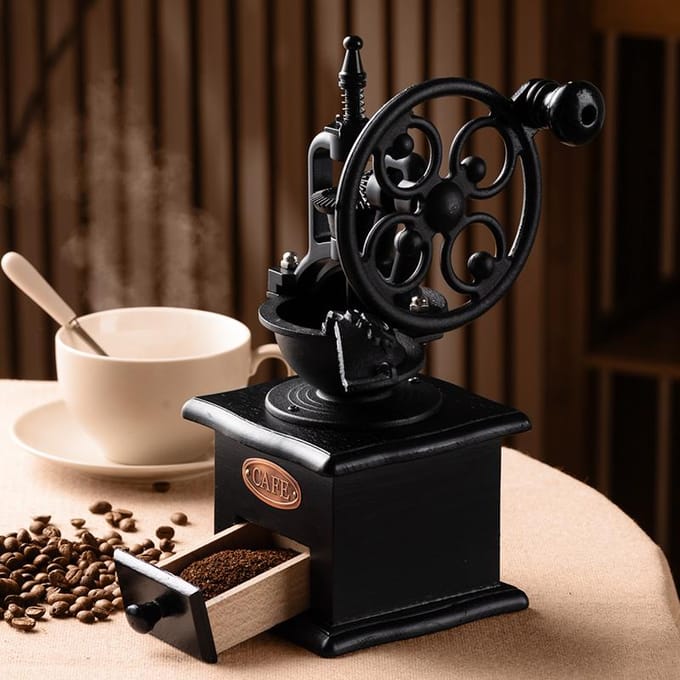 Moulin à café manuel rétro, grande roue Portable, moulin à grains de café, accessoires professionnels faits à la main brown