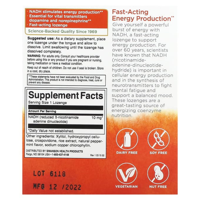 Nadh, Pepermunt Smaak, 10mg, 30 Zuigtabletten