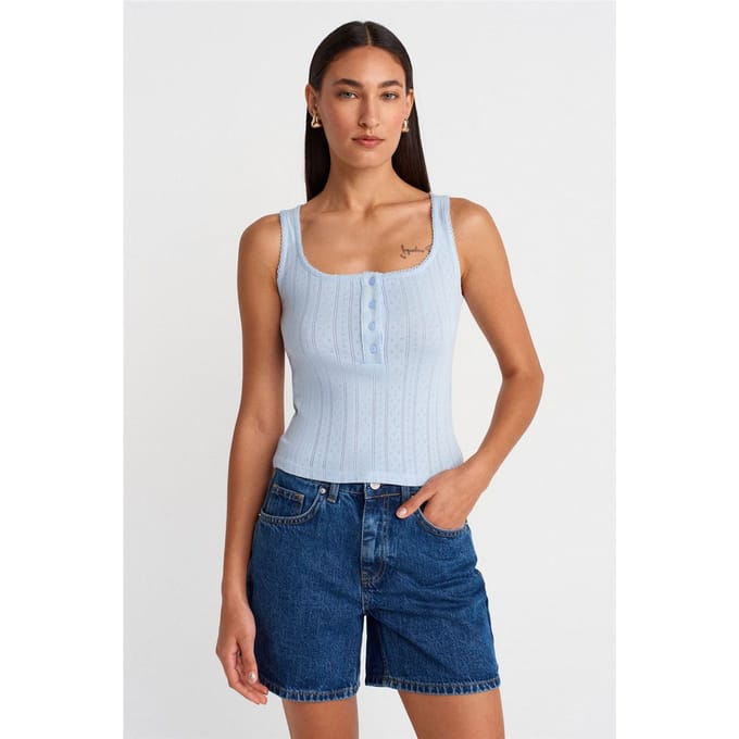 Slim Fit Ribbel Katoenen Blouse met Vierkante Hals
