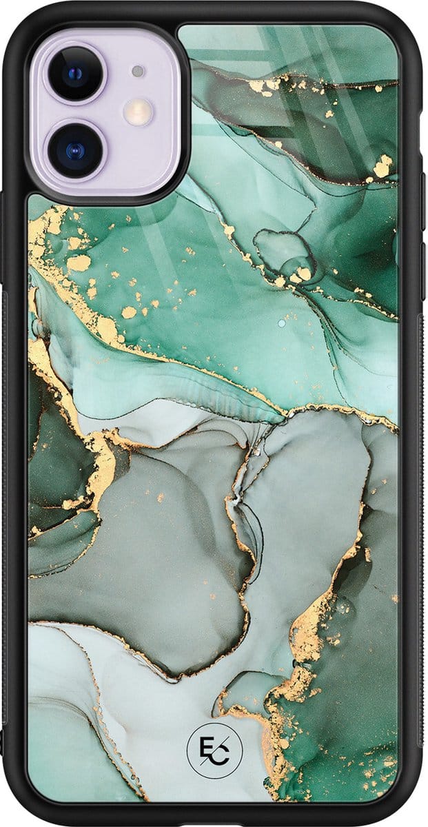 Hoesje geschikt voor iPhone 11 - Marble Design - Luxe Hard Case - Marmer - Grijs, Groen - ELLECHIQ