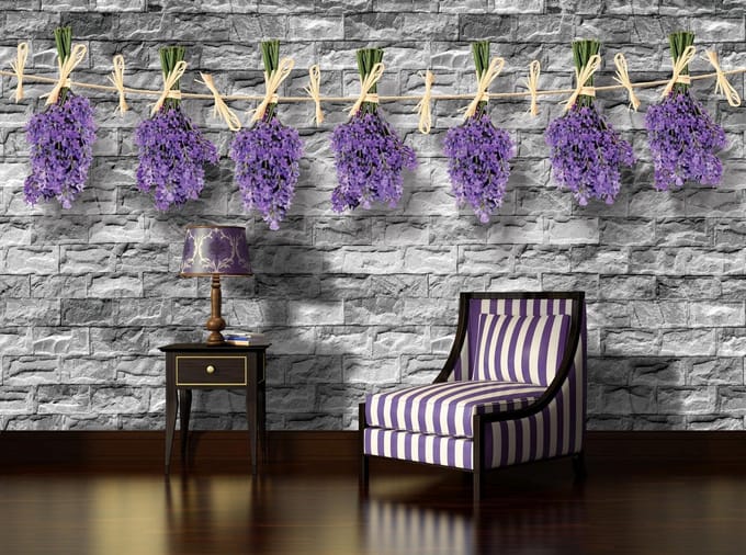 Brick Wall Flowers Lavender  Photo Wallcovering