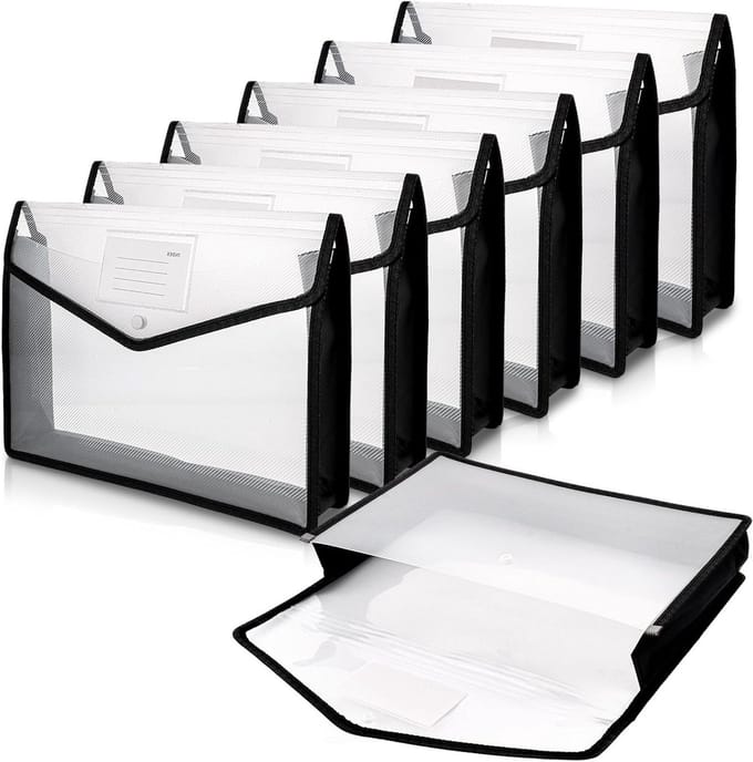 Set van 8 A4 Document Compartimenten, Plastic Verzamelmappen, Projectmappen met Drukknop voor Kantoor, School en Reizen, Zwart