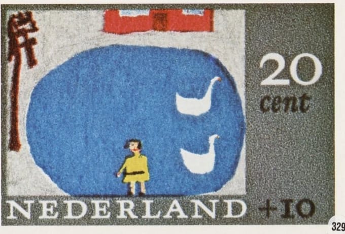 Briefkaart met afbeelding Kindertekening – Vijver met zwanen postzegel
