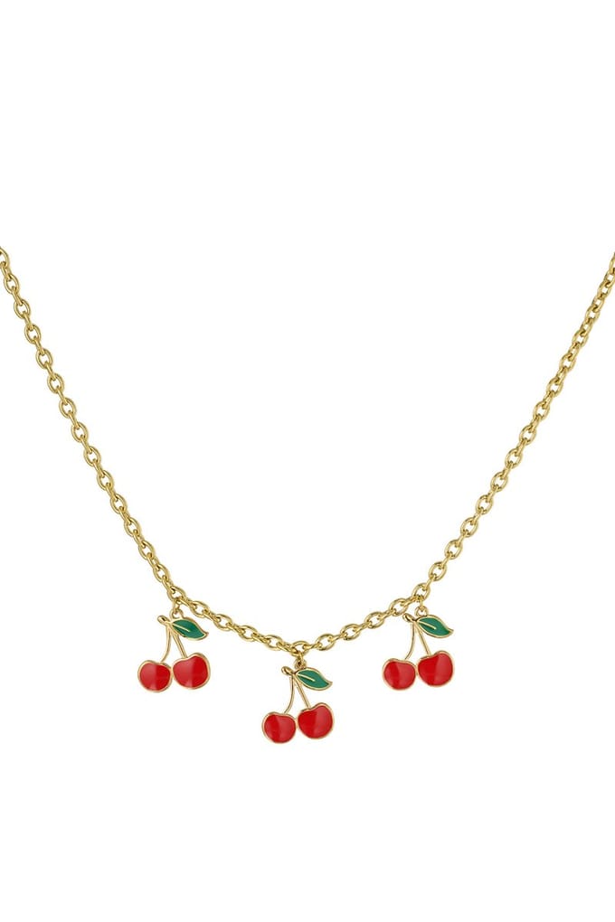 Bedelketting triple cherry - Goud kleur - RVS - cadeau - kerst - kersen