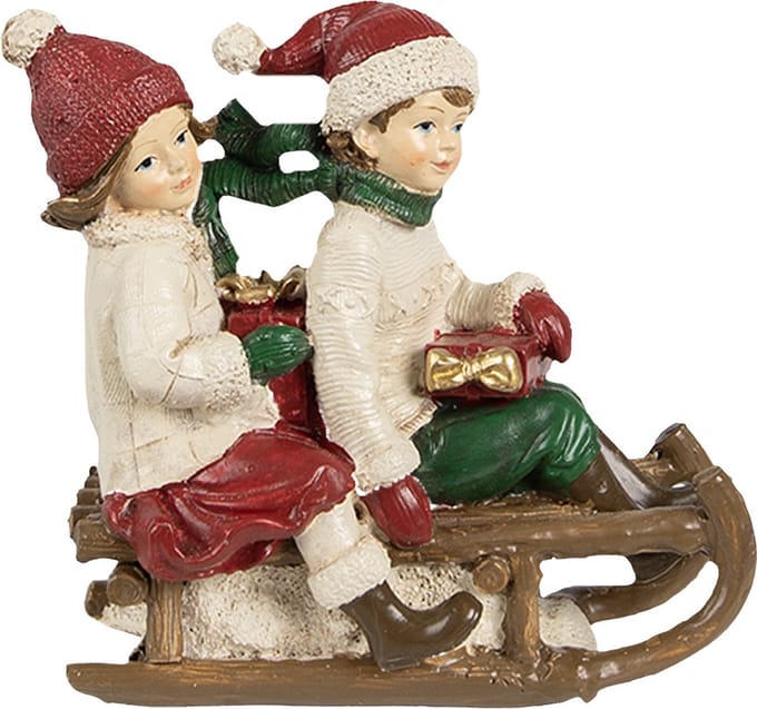 Clayre & Eef Decoratie Beeld Kinderen 12x6x11 cm Beige Rood Polyresin Slee