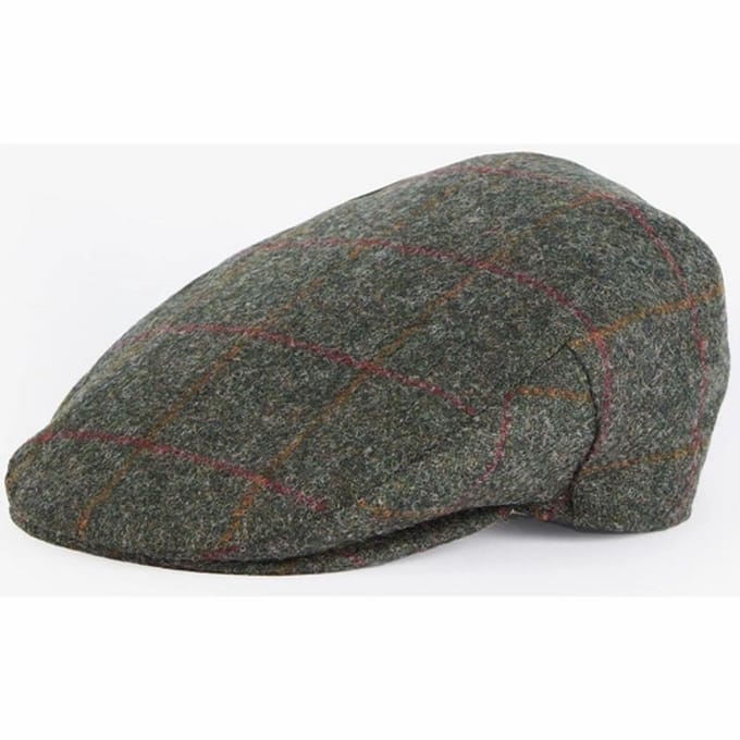 Pet Barbour Men Crieff Flat Cap Olive Red Overcheck (7)