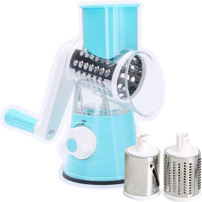 Râpe à fromage rotative manuelle avec trois lames de tambour, trancheuse rotative portative en acier inoxydable, broyeur de déchiquetage bleu
