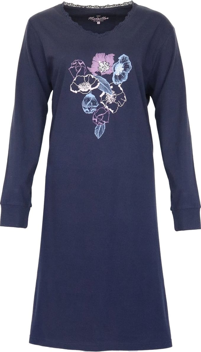 Medaillon Dames Nachthemd - Bloemenprint - Peacoat Blauw - Maat S