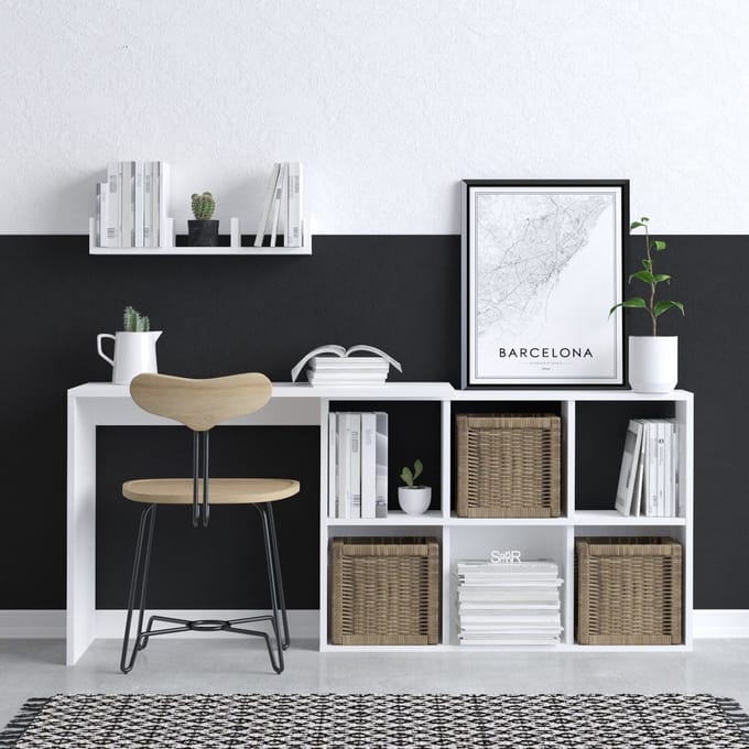 Asir - Studiebureau - Wit, Eikenhout - 100% met melamine gecoat spaanplaat - 105 x 45 x 13 cm