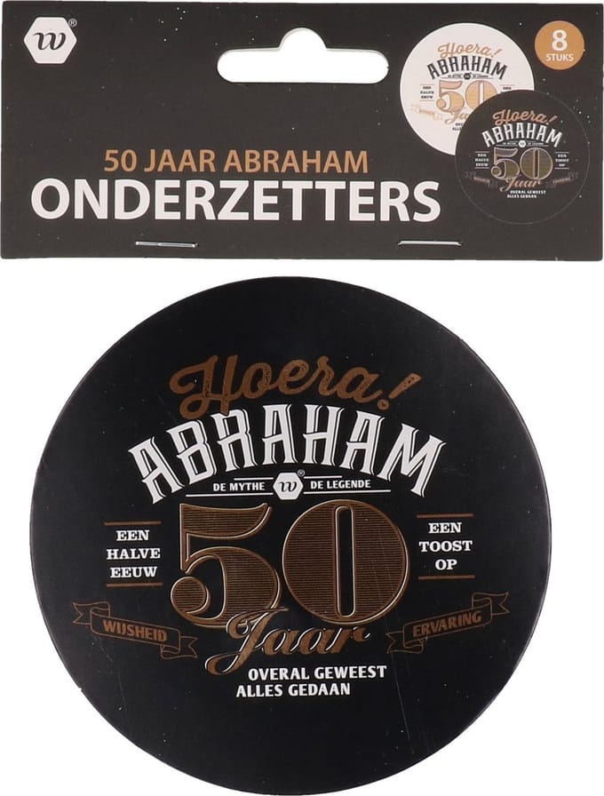 onderzetters Abraham 50 jaar 4 x  zwart 4 x wit