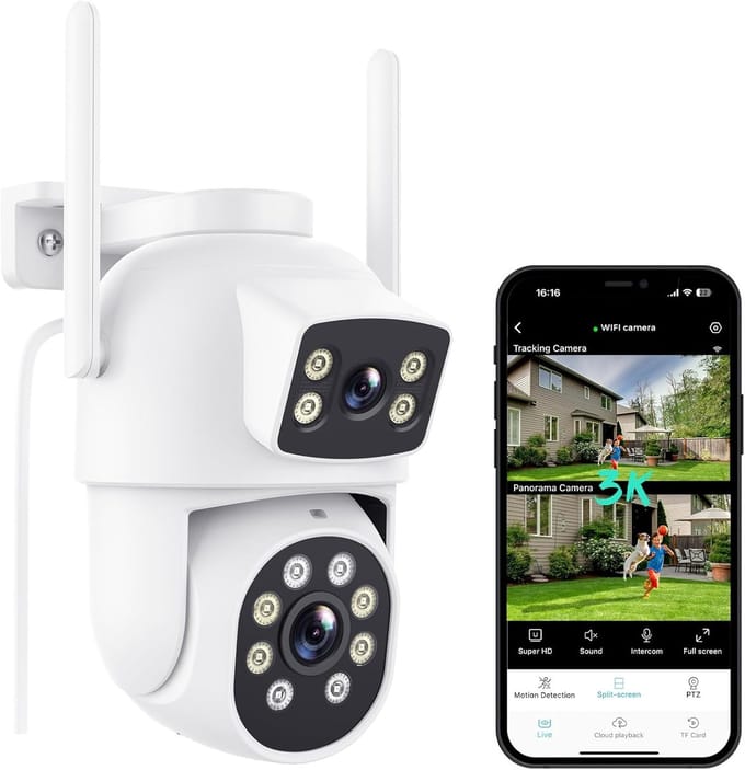 Beveiligingscamera Buiten - IP Camera - Woning Bewaken - Dubbele Lens 2.5K - 360 Graden - Wit