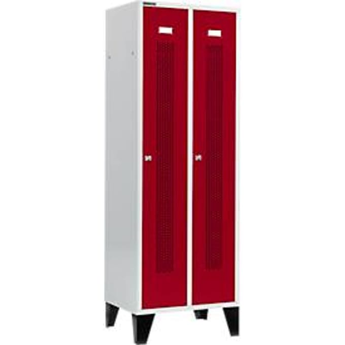 Schäfer Shop Select Kledinglocker, met geperforeerde rijen, 2 compartimenten, 300 mm, met poten, cilinderslot, Deur robijnrood