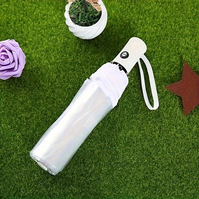 Parapluie transparent pliable à ouverture et fermeture automatiques, parapluie ensoleillé à trois volets blanc