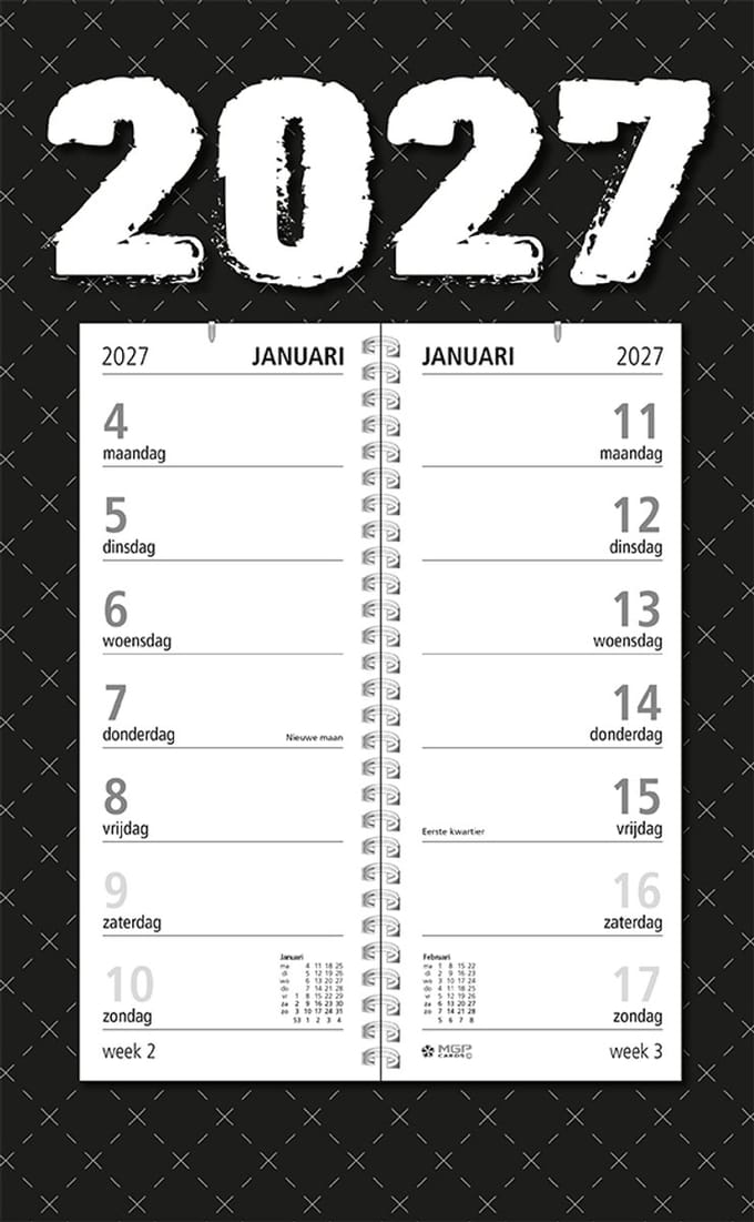 MGPcards - Omlegweekkalender 2027 - Week begint op maandag - 21 x 34 cm - Zwart