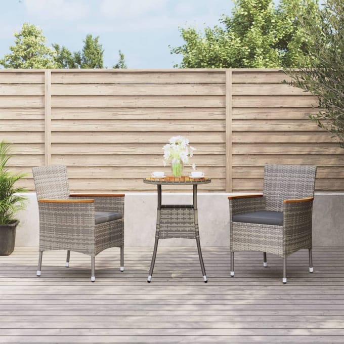 vidaXL - 3-delige - Bistroset - met - kussens - poly - rattan - grijs