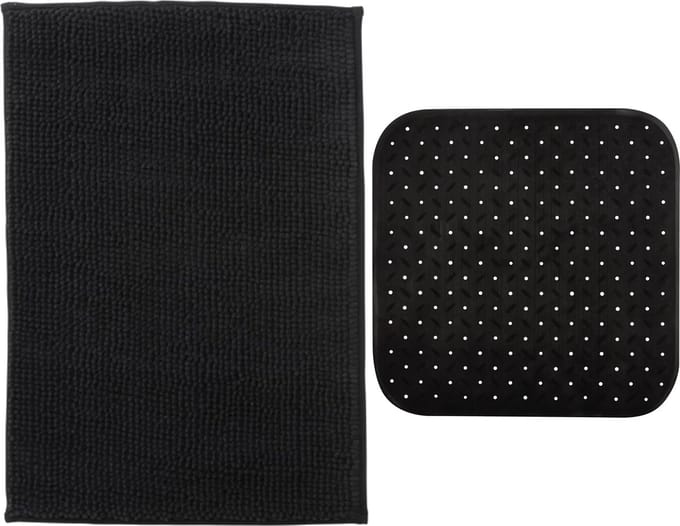 MSV Douche anti-slip mat en droogloop mat - Sevilla badkamer set - rubber/microvezel - zwart