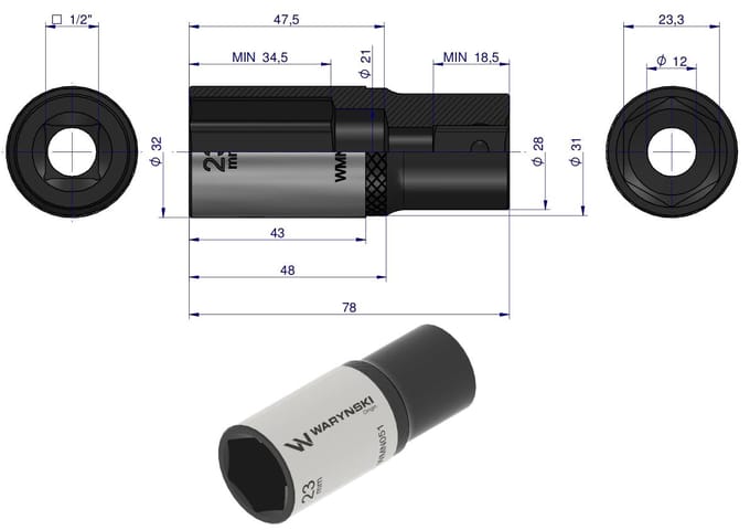 Dopsleutel 1/2" 23mm Lang CrV50BV30 DIN 3124