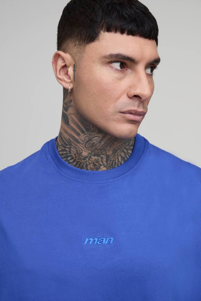 Tall Oversized Panelled Men's Geborduurd T-shirt En Short Set | Cobalt | Size Medium