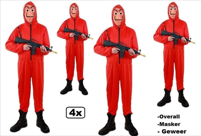 4x Rode overall met capuchon + masker + geweer- La Casa de Papel mt.L