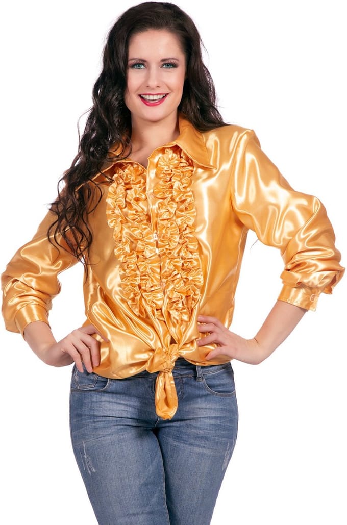 Ruchesblouse satijn goud Kevin - Maat 54