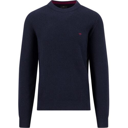 Fynch-Hatton Trui Solid Color O-Neck Cotton Ribbed Knit Navy / male