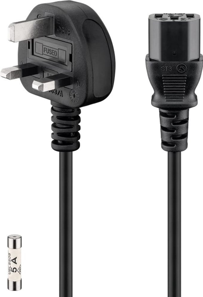 Goobay UK-aansluitkabel 1,8 m zwart naar C13, 5 A, VK 3-pins type G met vervangbare zekering, haakse stekker, voor pc en monitors