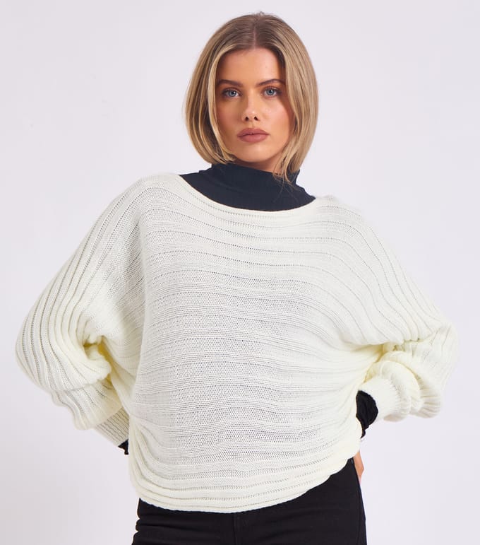 Gestreepte gebreide oversized trui met vleermuismouwen