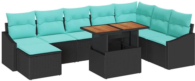 vidaXL - Tuinbank - Set - 9 - st - Zwart - en - Teal - poly - rattan