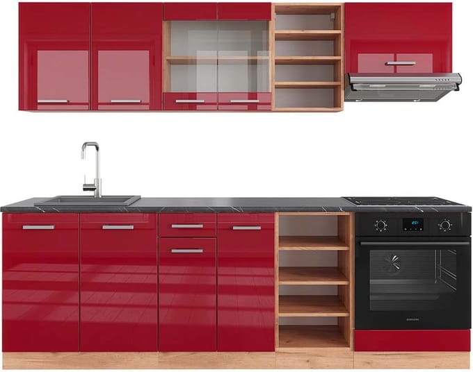 Vicco R-Line Complete keukeneenheid – 240 cm, WB Antraciet Rood hoogglans/gouden eik