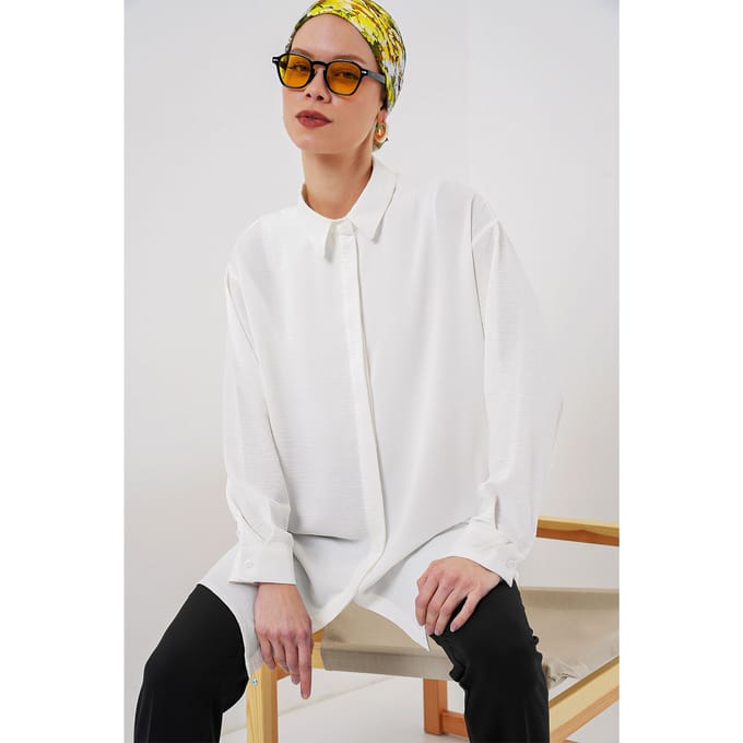 Oversized Lange Mouwen Knopen Blouse met Kraag