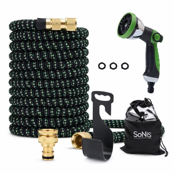 SoNis Flexibele Tuinslang 30 Meter – Super Sterk, Elastisch & Uittrekbaar – Inclusief 9-standen Sproeikop + Tas & Koppelstuk.