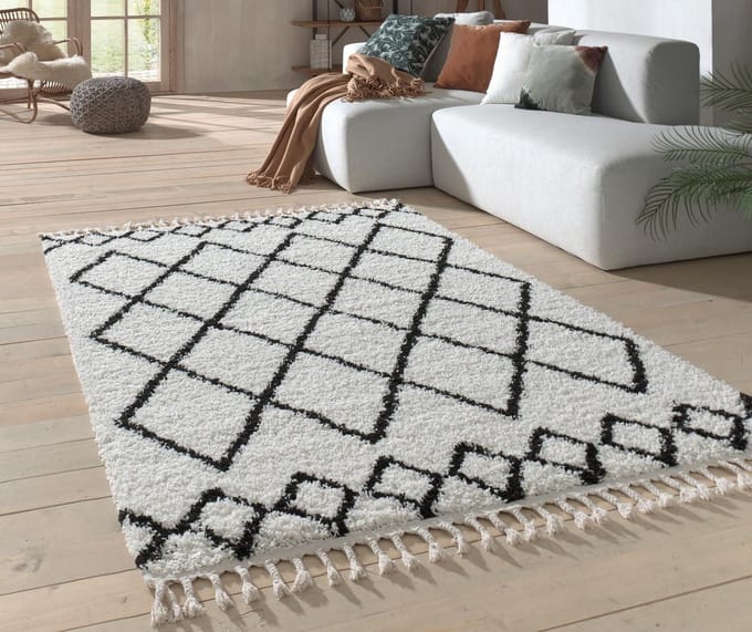 Flycarpets Candy Diamond Vloerkleed - Crème / Zwart Geruit - Hoogpolig - 120x170 cm