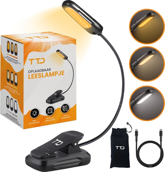 TTD Leeslampje met boekklem - USB-oplaadbare leeslamp - 3 lichtsoorten - Flexibele hals - Amberlicht - Inclusief opbergzakje