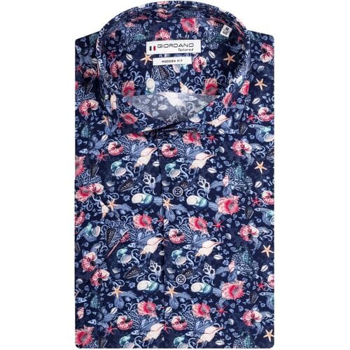Giordano Overhemd Allover Sea Life Pattern Navy-Bruin / male