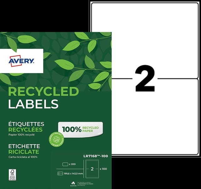 Etiket Avery LR7168-100 199.6x143.5mm recycled wit 200 stuks